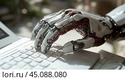 Футуристическая роботизированная рука, печатающая на ноутбуке для технологий и дизайна искусственного интеллекта. Стоковое AI-изображение, AI-художник ФотоИнтеллект / Фотобанк Лори