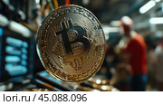 Серебряная монета биткоин в технологической среде для криптовалюты и цифровых финансов. Стоковое AI-изображение, AI-художник ФотоИнтеллект / Фотобанк Лори