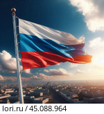Флаг России флаг, развевающийся, триколор, россия, российская, федерация, символ, государство, белый, синий, красный, цвета государственный, национальный, официальный, флаг, символ, россия, рф, российский, федерация, триколор, трехцветный, красный, синий, белый, трехполосный, полотнище, полощется, развеваться, развевается, флагшток, голубой, небо, облака, солнечный, день. Стоковое AI-изображение, AI-художник Ефимчик Елена Николаевна / Фотобанк Лори