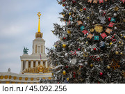 Новогодняя елка на фоне Центрального павильона. Территория ВДНХ, Москва (2024 год). Редакционное фото, фотограф Анна Карасева / Фотобанк Лори
