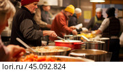 Charity day in a cafeteria where homeless people can collect food and have a meal,  symbolizing compassion and community support. Стоковое AI-изображение, AI-художник Anastacia Gaikova / Фотобанк Лори