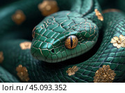 Green snake with emerald green scales decorated with golden flower patterns. Its eyes are golden brown, creating a hypnotic and mystical image. The snake looks graceful and majestic, its scales shine, emphasizing the detail and texture. The golden elements add luxury and sophistication to the photo, turning the snake into a symbol of something special and rare. This photo is perfect for use as a symbol or image associated with nature, exoticism and symbolism. Стоковое AI-изображение, AI-художник Анна Кривицкая / Фотобанк Лори