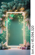 A luminous neon mock-up frame, fluffy Christmas tree branches around , sun rays, floating luminous particles and snow, an empty place to copy, a composition for a banner. Стоковое AI-видео, аниматор Терехова Марина / Фотобанк Лори