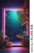 A glowing neon frame around beautiful big palm leaves, sun rays, floating luminous particles, an empty place to copy, a composition for a banner. Стоковое AI-видео, аниматор Терехова Марина / Фотобанк Лори