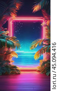 A glowing neon frame around beautiful big palm leaves, sun rays, floating luminous particles, an empty place to copy, a composition for a banner. Стоковое AI-видео, аниматор Терехова Марина / Фотобанк Лори
