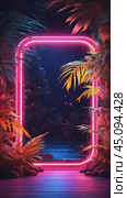 A glowing neon frame around beautiful big palm leaves, sun rays, floating luminous particles, an empty place to copy, a composition for a banner. Стоковое AI-видео, аниматор Терехова Марина / Фотобанк Лори