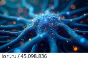 Neuron, intricate synapses, blue neural network, brain cell, cognitive science, artificial intelligence, biotechnology, central nervous system, medical research, brain function. Стоковое AI-изображение, AI-художник Павел Муравьев / Фотобанк Лори