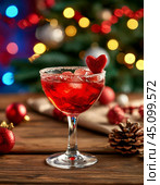 Refreshing glass of cocktail against the background of multi-colored lights of the Christmas tree. New Year and Christmas. Стоковое AI-изображение, AI-художник Сергей Елизарьев / Фотобанк Лори