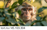 Monkey hiding behind leaves staring intently with big yellow eyes. Стоковое AI-изображение, AI-художник Юрий Поздников / Фотобанк Лори