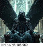 A dark, robed, dark-clad, dark-robed angel sitting on a throne. His figure is hidden by a hood, and massive black wings are spread out behind his back. He looks majestic and intimidating, standing in a hall with Gothic architecture. The detailing of his clothes and throne emphasizes his mystical and dark nature. The atmosphere of the scene is filled with a sense of power, mystery, and the afterlife. Стоковое AI-изображение, AI-художник Анна Кривицкая / Фотобанк Лори