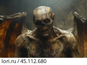 A terrifying creature with an emaciated body, skeletal face and wings, creating the appearance of a demon or undead. Its dry skin and protruding bones emphasize its sinister nature. The dark, gloomy tones of the photo enhance the feeling of horror and hopelessness. The scene seems designed for use in a fantasy or horror context, bringing in elements of supernatural horror. Стоковое AI-изображение, AI-художник Анна Кривицкая / Фотобанк Лори
