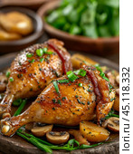 Chicken legs stewed with mushrooms, onions, bacon and apple cider vinegar is a hearty meat dish in the style of French cuisine. Стоковое AI-изображение, AI-художник Сергей Елизарьев / Фотобанк Лори