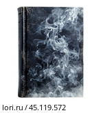 Old leather book cover emanating smoke on white background. Стоковое AI-изображение, AI-художник Иван Рябоконь / Фотобанк Лори