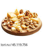 Cheeseboard presenting variety of cheese and nuts on wooden platter. Стоковое AI-изображение, AI-художник Иван Рябоконь / Фотобанк Лори