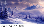 A stunning winter landscape with snow-covered fir trees in the foreground and high mountains shrouded in clouds in the background. The soft light of the sunset colors the sky in warm shades of pink and purple, creating a magical and fairytale atmosphere. The snow fields underfoot reflect soft shadows, enhancing the depth and beauty of the scene. The photo is perfect for winter nature themes, mountain hikes, snow adventures and winter tourism. Стоковое AI-изображение, AI-художник Анна Кривицкая / Фотобанк Лори