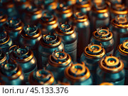 Many gas cylinders standing close together in warehouse. Стоковое AI-изображение, AI-художник Иван Рябоконь / Фотобанк Лори