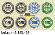 Vector graphic set of financial fictional seals. Collection of round icons with imperial eagle and letters DM, inscription in German means State bank of Germany. Collection emblems or badges. Стоковая иллюстрация, иллюстратор GAlexS / Фотобанк Лори