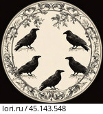 Black and white graphic illustration depicts five crows placed in a circle surrounded by a decorative frame of ornamental patterns. The crows are drawn in a realistic style, and the plant ornament adds elegance and symmetry to the image. The illustration is made in a vintage style and can be used to decorate an interior, create book covers or decorate accessories. Стоковое AI-изображение, AI-художник Анна Кривицкая / Фотобанк Лори