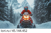 In deep snowdrift snowmobile rider man driving fast. Riding with fun in white snow during backcountry tour. Extreme sport adventure, outdoor activity during winter holiday on ski mountain resort. Стоковое AI-видео, аниматор Ирина Михайличенко / Фотобанк Лори