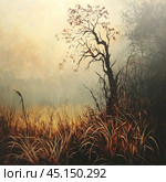 Atmospheric painting with a natural landscape, which depicts a lone tree with autumn leaves against the background of a foggy morning landscape. The grass around the tree is dry, with yellow-brown shades, which creates a feeling of the withering of nature and the approach of autumn or the end of summer. The overall tone of the painting is soft, with muted pastel colors, which adds melancholy and tranquility to the image. Стоковое AI-изображение, AI-художник Анна Кривицкая / Фотобанк Лори