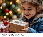A little girl is happy with a gift, which she opens with great curiosity. The festive atmosphere of New Year and Christmas. Стоковое AI-изображение, AI-художник Сергей Елизарьев / Фотобанк Лори