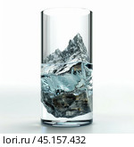 Mountain partially submerged in glass of water with ripples. Стоковое AI-изображение, AI-художник Иван Рябоконь / Фотобанк Лори