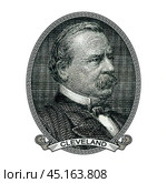 Vector high pixel mosaic portrait of the 24th US President Stephen Grover Cleveland in an oval and with a ribbon. Sticker or badge. White isolated background. Стоковая иллюстрация, иллюстратор GAlexS / Фотобанк Лори