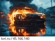 A car on fire in the middle of a street, probably as a result of riots or pogroms. Bright tongues of flame shoot out from the car, rising high and accompanied by thick clouds of black smoke that fill the air. The fire is reflected on the wet road surface, adding to the dramatic effect of the scene. Other destroyed or burning objects can be seen in the distance, creating an atmosphere of chaos and destruction. The photograph conveys the tension and catastrophic nature of the situation. Стоковое AI-изображение, AI-художник Анна Кривицкая / Фотобанк Лори