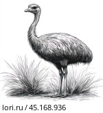 A black and white illustrated drawing of an emu, a large flightless bird, set against a grassy background. The detailing in the drawing highlights the texture of the feathers, long neck and strong legs of the bird. The artwork is done in a graphic technique, where each feather and body part is worked out with attention to detail. The bird appears calm, standing in a natural pose among the tall grass. The drawing creates a feeling of realism and harmony with nature. Стоковое AI-изображение, AI-художник Анна Кривицкая / Фотобанк Лори