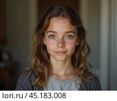 A young cute Caucasian girl residing in France is captured in a moment of reflection, her wavy hair falling gracefully around her shoulders while she exudes calm confidence. Generative AI. Стоковое AI-изображение, AI-художник Юлия Петровская / Фотобанк Лори