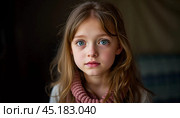 A young cute Caucasian girl residing in France is captured in a moment of reflection, her wavy hair falling gracefully around her shoulders while she exudes calm confidence. Generative AI. Стоковое AI-изображение, AI-художник Юлия Петровская / Фотобанк Лори