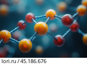 A close-up abstract visualization of a molecular structure or nanotechnology network. Brightly colored spheres representing atoms or particles are connected by threads symbolizing molecular bonds. The spheres are colored orange and red, and the connecting threads have a metallic texture. The background is blurred, allowing the details of the structure to be in focus. The image creates a scientific and technical atmosphere and can be associated with nanotechnology, bioengineering, chemistry, or physics. Стоковое AI-изображение, AI-художник Анна Кривицкая / Фотобанк Лори
