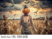 The concept of the Halloween holiday. Horror. Fear. A scary scarecrow with a pumpkin for a head, in a plaid shirt and a bow tie. Banner, postcard. Стоковое AI-изображение, AI-художник Photojuli / Фотобанк Лори
