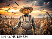 The concept of the Halloween holiday. Horror. Fear. A scary scarecrow with a pumpkin for a head, in a plaid shirt and a bow tie. Banner, postcard. Стоковое AI-изображение, AI-художник Photojuli / Фотобанк Лори