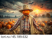 The concept of the Halloween holiday. Horror. Fear. A scary scarecrow with a pumpkin for a head, in a plaid shirt and a bow tie. Banner, postcard. Стоковое AI-изображение, AI-художник Photojuli / Фотобанк Лори