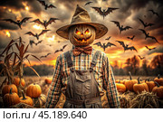 The concept of the Halloween holiday. Horror. Fear. A scary scarecrow with a pumpkin for a head, in a plaid shirt and a bow tie. Banner, postcard. Стоковое AI-изображение, AI-художник Photojuli / Фотобанк Лори