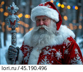 Father Frost (or Saint Nicholas, or Joulupukki), blurred background, colorful lights of the Christmas tree. New Year concept. Christmas card. Стоковое AI-изображение, AI-художник Сергей Елизарьев / Фотобанк Лори