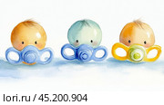 A cute watercolor drawing depicting three babies with pacifiers. Стоковое AI-изображение, AI-художник Margarita Davchenko / Фотобанк Лори