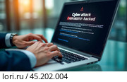Laptop screen displaying cyber attack alert, red warning of system hacked, concept of digital security breach, internet safety issue, unauthorized access detected. Стоковое AI-изображение, AI-художник Павел Муравьев / Фотобанк Лори