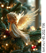 Little angel on a Christmas tree. Christmas Eve is the day before the Nativity of Christ. Christmas Eve falls on January 6 (December 24). Christmas card. Стоковое AI-изображение, AI-художник Сергей Елизарьев / Фотобанк Лори