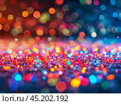 Sparkling fallen snow against the background of multi-colored lights. Festive atmosphere of the New Year. New Year's background for creativity. Стоковое AI-изображение, AI-художник Сергей Елизарьев / Фотобанк Лори