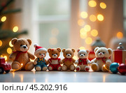 Много мишек Тедди, разного размера , одетые в новогодние одежды, сидят рядом с новогодними шарами, возле ёлки. Many Teddy bears of different sizes, dressed in New Year's clothes, sit next to New Year's balls, near the Christmas tree. Стоковое AI-изображение, AI-художник Наталья Пеньшина / Фотобанк Лори