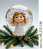 Little angel on the tree, Christmas tree toy, ball. Christmas card. Стоковое AI-изображение, AI-художник Сергей Елизарьев / Фотобанк Лори
