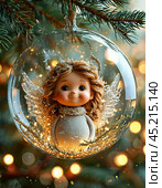 Little angel on the tree, Christmas tree toy, ball. Christmas card. Стоковое AI-изображение, AI-художник Сергей Елизарьев / Фотобанк Лори