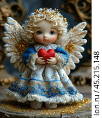 Little angel at the Christmas tree. Colorful New Year toys, papier-mache. Christmas card. Стоковое AI-изображение, AI-художник Сергей Елизарьев / Фотобанк Лори