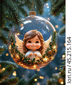 Little angel on the tree, Christmas tree toy, ball. Christmas card. Стоковое AI-изображение, AI-художник Сергей Елизарьев / Фотобанк Лори