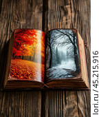 Open fairy tale book on Christmas night. New Year's decor. Festive New Year's atmosphere. Стоковое AI-изображение, AI-художник Сергей Елизарьев / Фотобанк Лори
