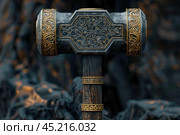 Mythical hammer standing upright on a dark background. Стоковое AI-изображение, AI-художник Иван Рябоконь / Фотобанк Лори