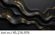 A wavy line of gold paint on a dark, black background is accented with gold glitter and dots. Abstract background. Стоковое AI-изображение, AI-художник Ольга Петрова-Апостолова / Фотобанк Лори