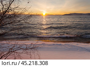 Late autumn on Baikal Lake. Beautiful landscape with snowy beach and tree with fallen leaves against the sunset in the village of Listvyanka. Outdoor recreation and travel along the lake shore. Стоковое фото, фотограф Виктория Катьянова / Фотобанк Лори